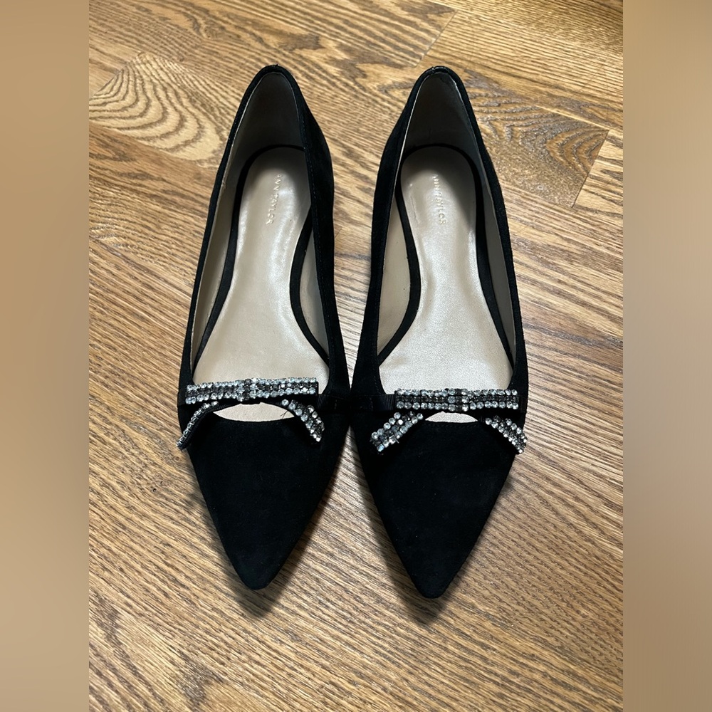 Ann Taylor black suede flats with crystal bow detail